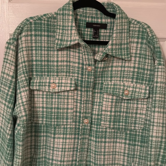 Forever 21 Plaid Longline Shacket Size L Color Green Cream - Picture 4 of 8